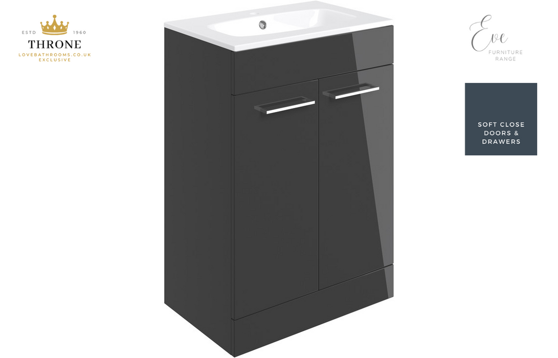 Throne - Eve - 610mm Floor Standing 2 Door Bathroom Vanity Unit - Anthracite Gloss