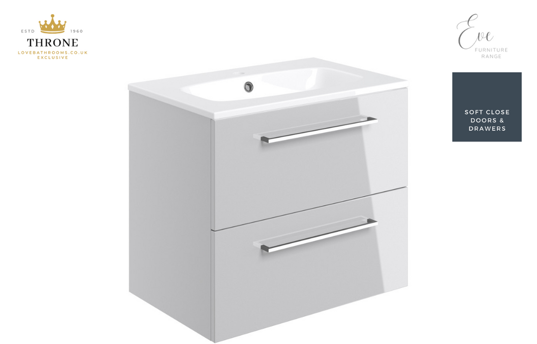 Throne - Eve - 610mm Wall Hung 2 Drawer Bathroom Vanity Unit - Grey Gloss