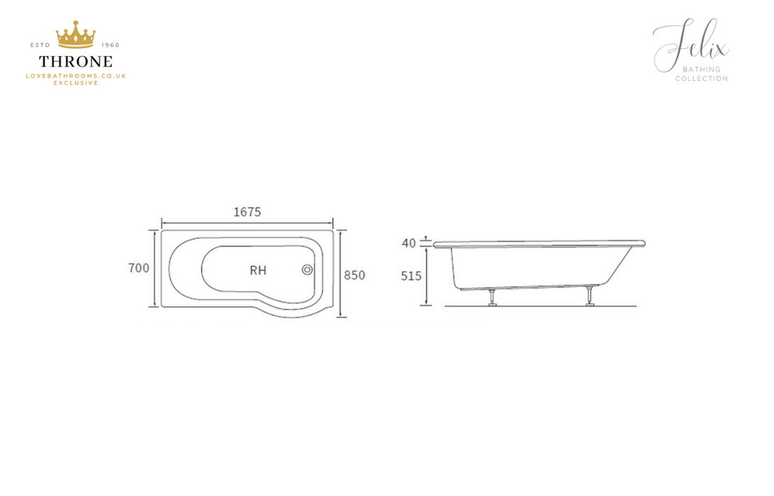 Throne - Felix - P Shape Shower Bath Pack - 1700x850x560mm - Right Handed