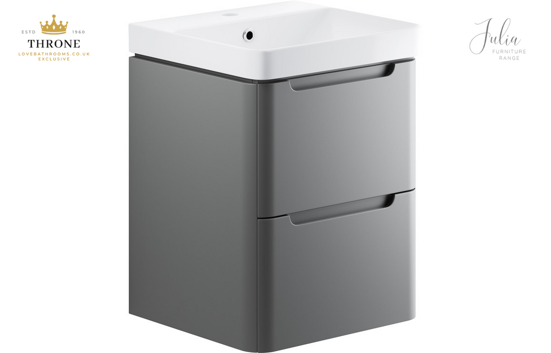 Throne - Julia -500mm 2 Drawer Wall Hung Cloakroom Basin Unit - Matt Grey