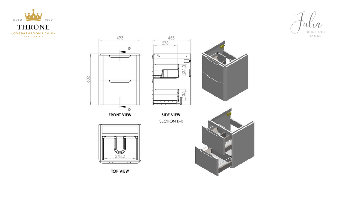 Throne - Julia - 500mm 2 Drawer Wall Hung Cloakroom Basin Unit - Matt Indigo