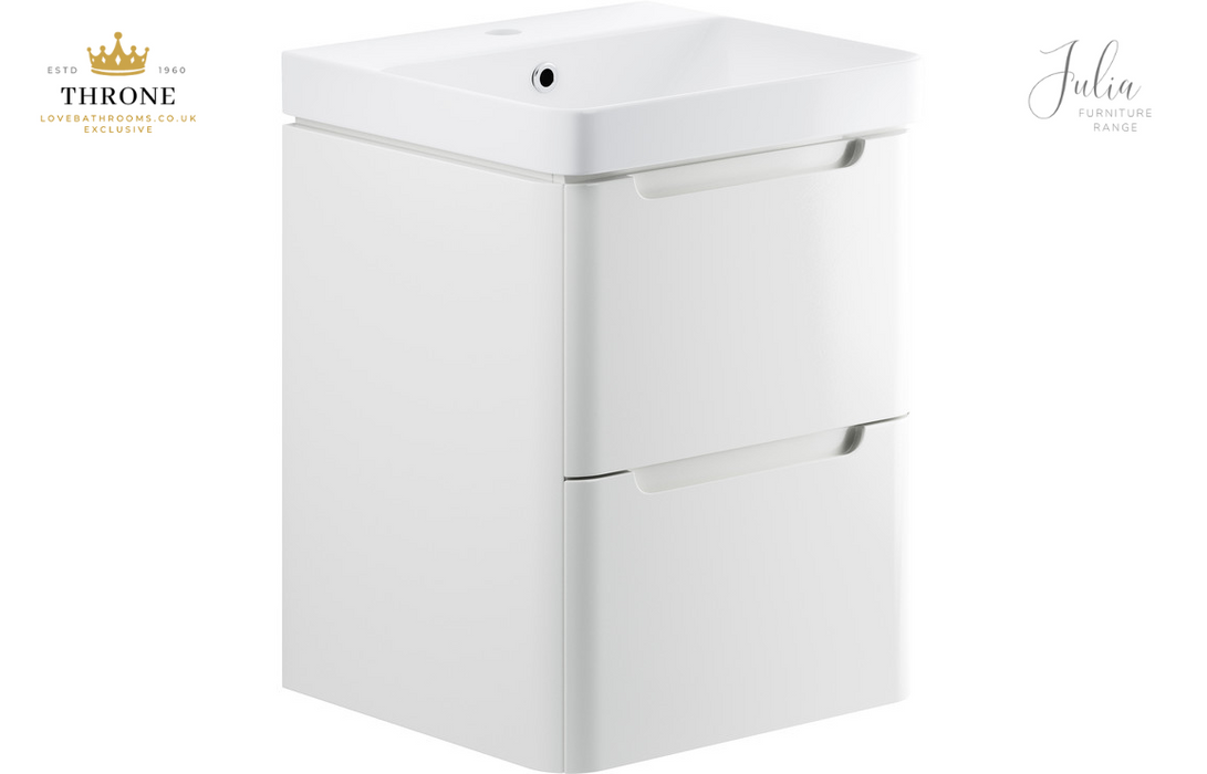 Throne - Julia - 500mm 2 Drawer Wall Hung Cloakroom Basin Unit - White Gloss