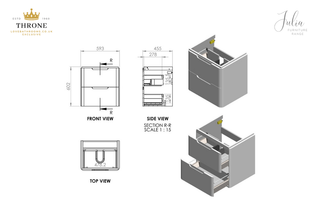 Throne - Julia - 600mm 2 Drawer Wall Hung Basin Unit - Matt Indigo