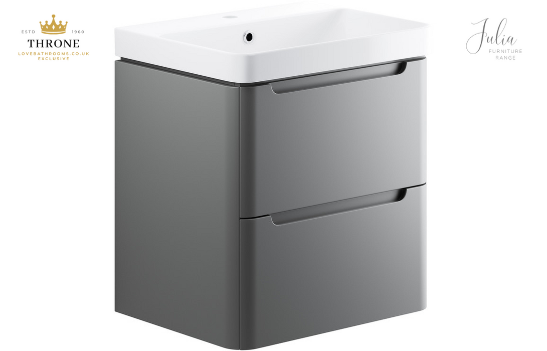 Throne - Julia - 600mm 2 Drawer Wall Hung Basin Unit - Matt Grey