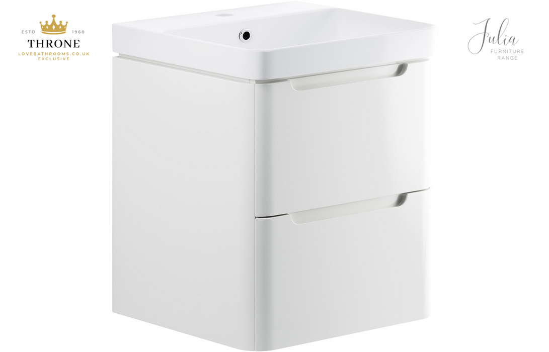 Throne - Julia - 600mm 2 Drawer Wall Hung Basin Unit - White Gloss