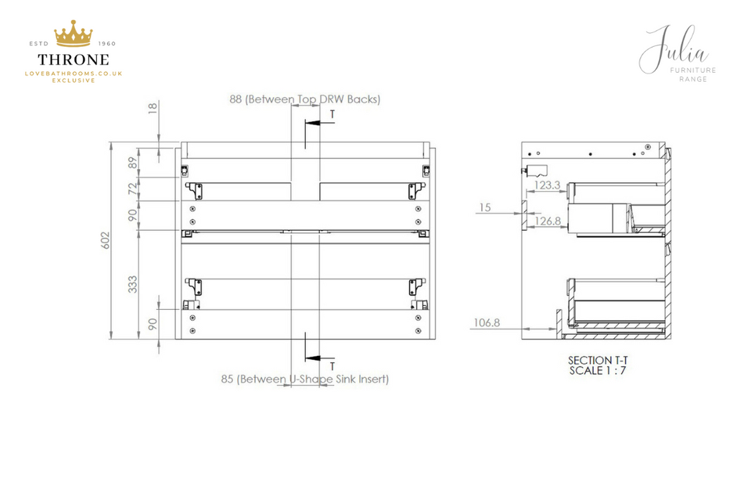 Throne - Julia - 800mm 2 Drawer Wall Hung Basin Unit - Matt Indigo