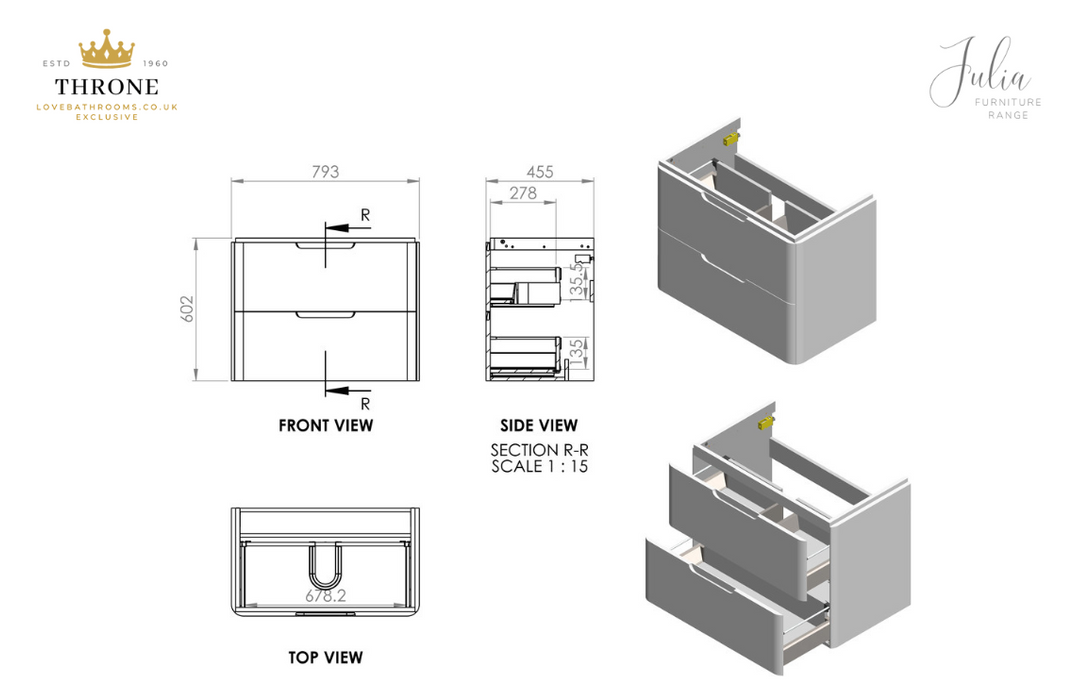 Throne - Julia - 800mm 2 Drawer Wall Hung Basin Unit - Matt Grey