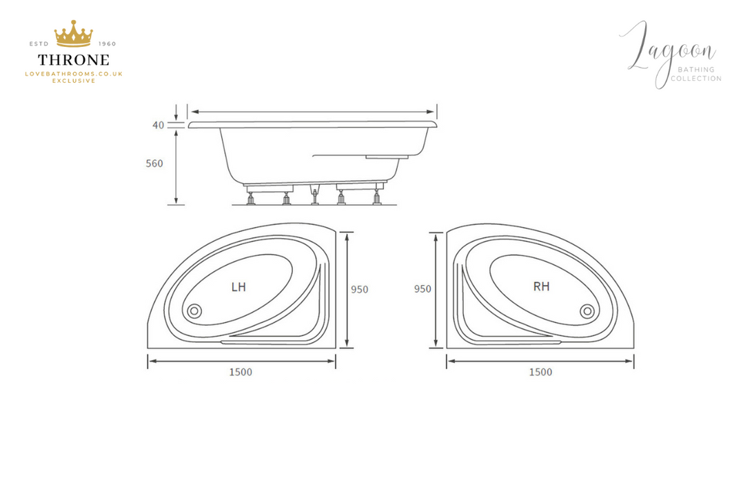 Throne - Lagoon - Offset Corner Bath - Right Hand - 1500x950x600mm