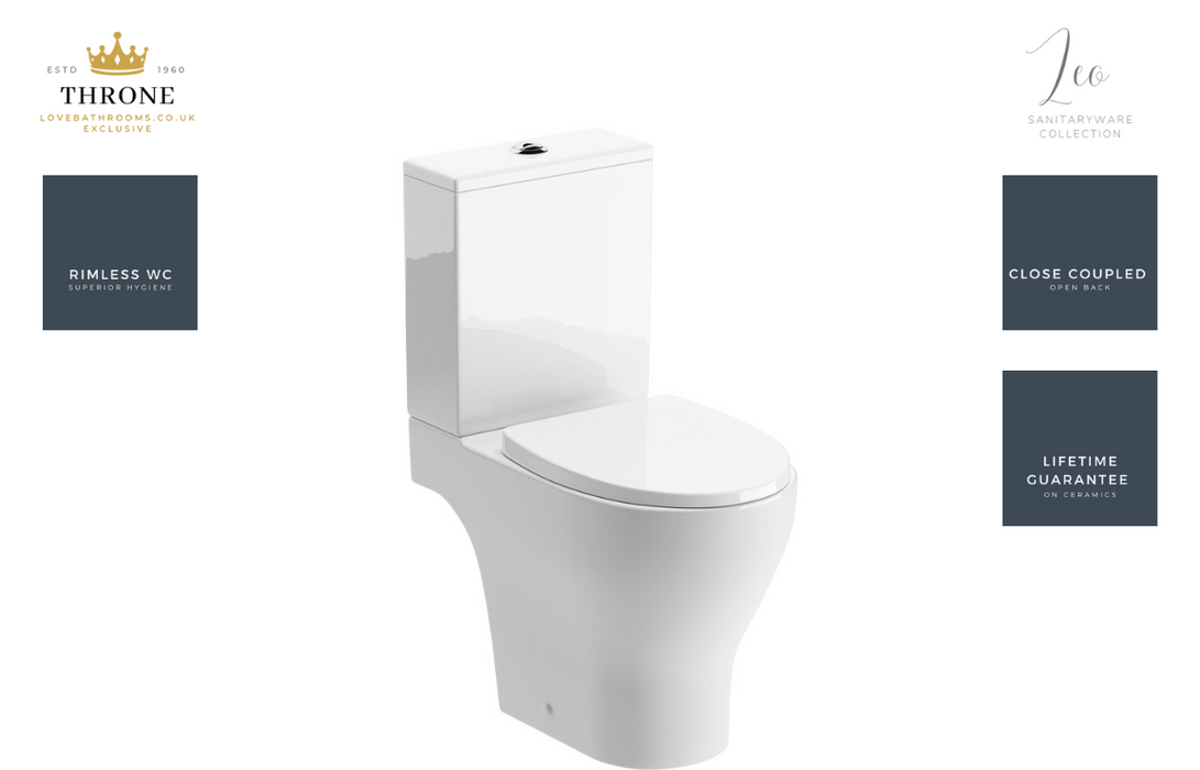 Throne - Leo - Rimless Close Coupled Open Back WC Toilet & Soft Close Seat