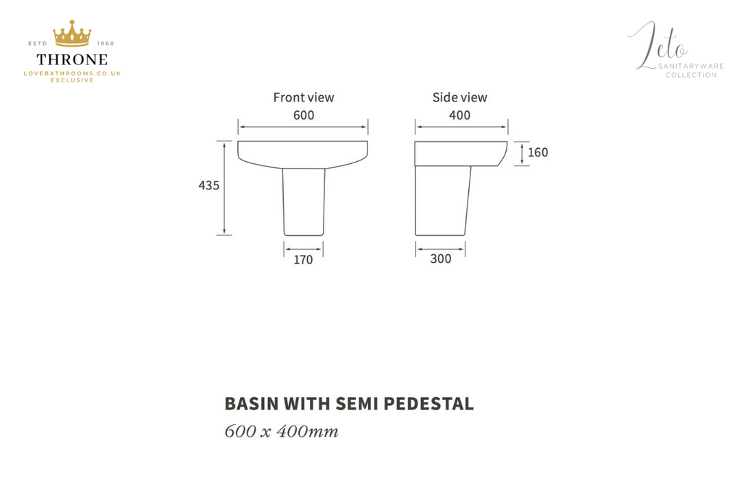 Throne - Leto - 600x400mm - 1TH Basin & Semi Pedestal