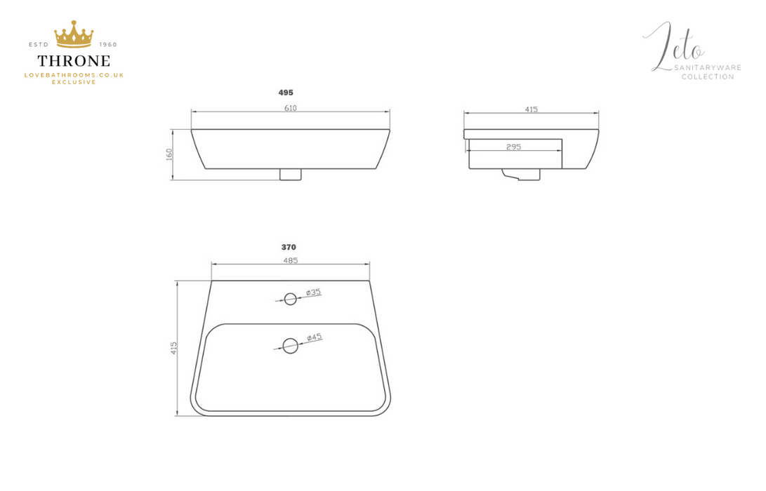 Throne - Leto - 495x415mm - 1TH Semi Recessed Basin