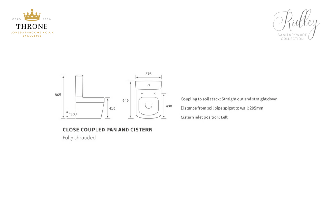 Throne - Ridley - Rimless Close Coupled Open Back Comfort Height WC Toilet  & Soft Close Seat