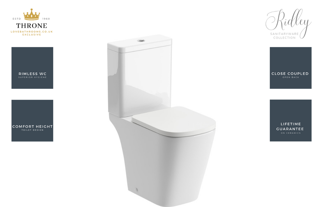 Throne - Ridley - Rimless Close Coupled Open Back Comfort Height WC Toilet  & Soft Close Seat