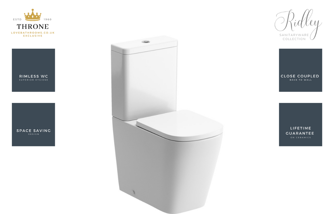 Throne - Ridley - Rimless Close Coupled Back To Wall Short Projection WC Toilet & Soft Close Seat