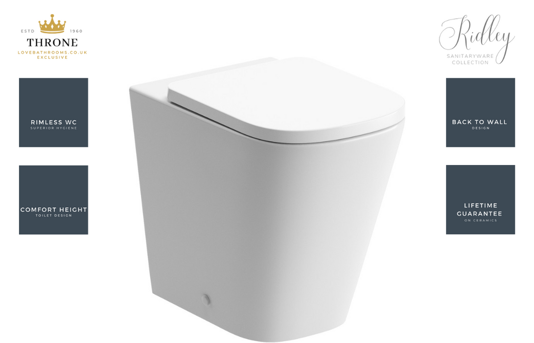 Throne - Ridley - Rimless Back To Wall Comfort Height WC Toilet & Soft Close Seat