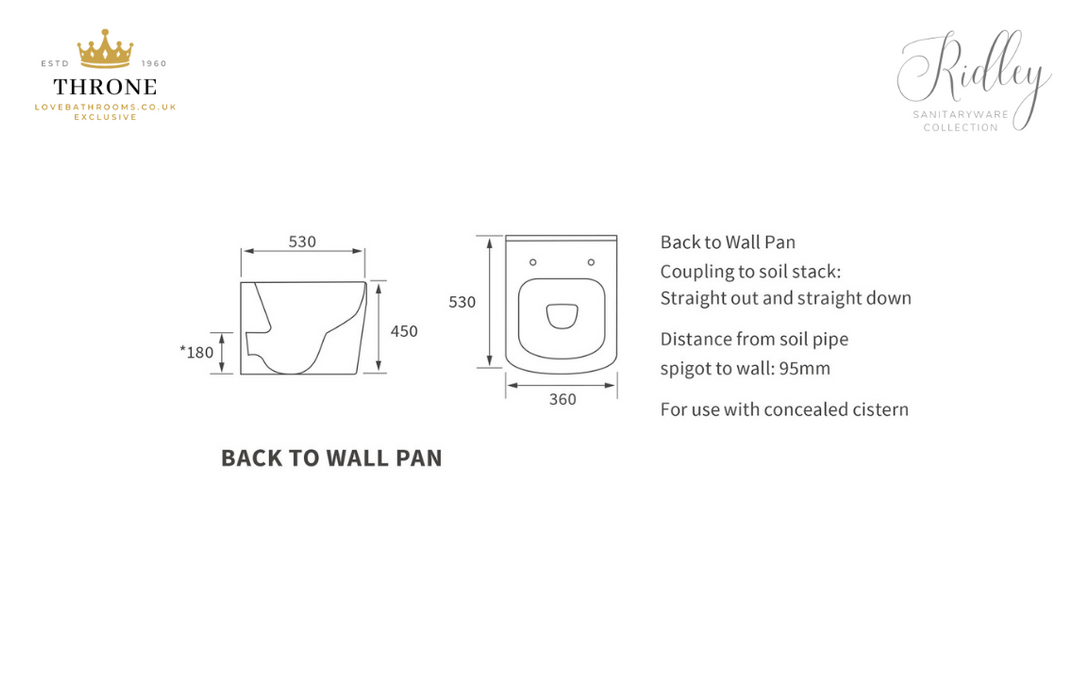 Throne - Ridley - Rimless Back To Wall Comfort Height WC Toilet & Soft Close Seat