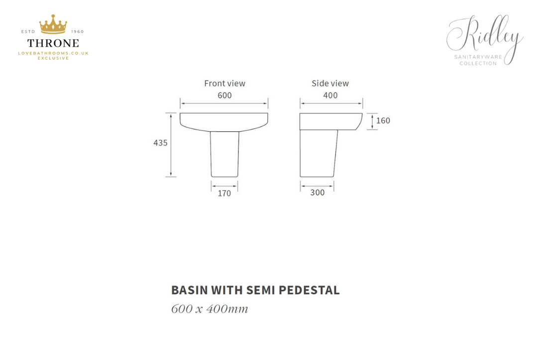 Throne - Ridley - 600x400mm - 1TH Basin & Semi Pedestal