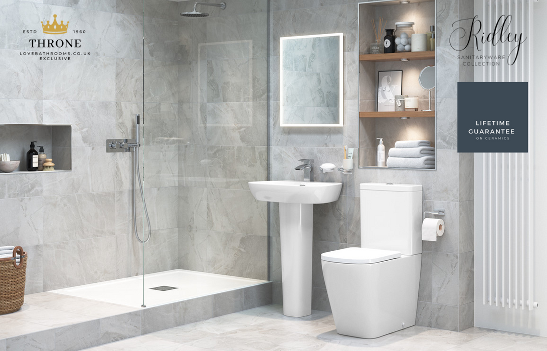 Throne - Ridley - Rimless Close Coupled Open Back Comfort Height WC Toilet  & Soft Close Seat