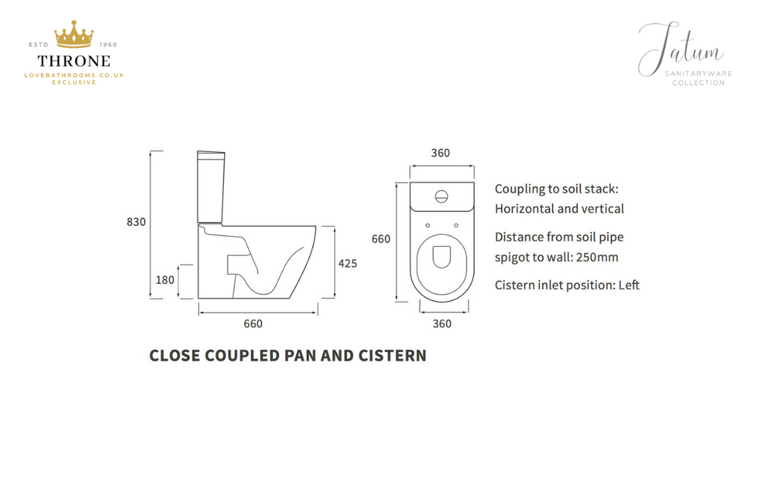 Throne - Tatum - Close Coupled Back To Wall WC Toilet & Soft Close Seat