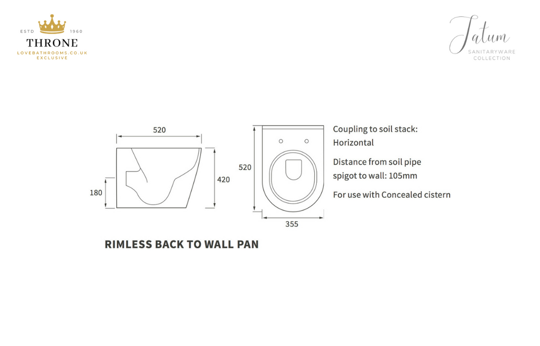 Throne - Tatum - Rimless Back To Wall WC Toilet & Soft Close Seat