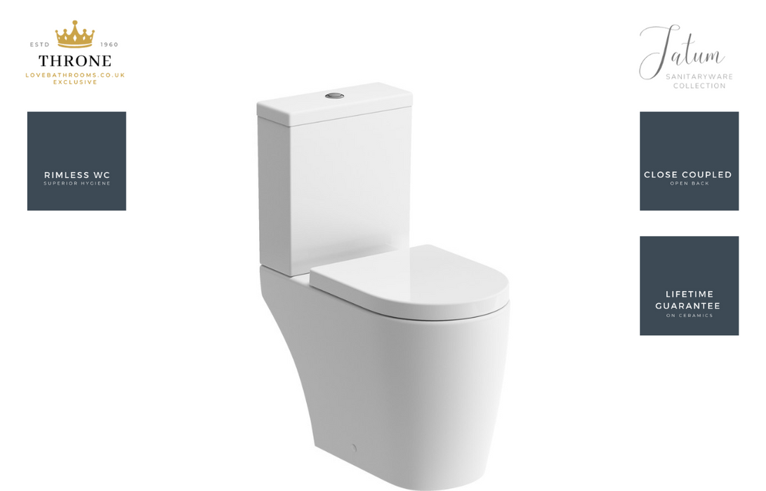 Throne - Tatum - Rimless Close Coupled Open Back WC & Soft Close Seat