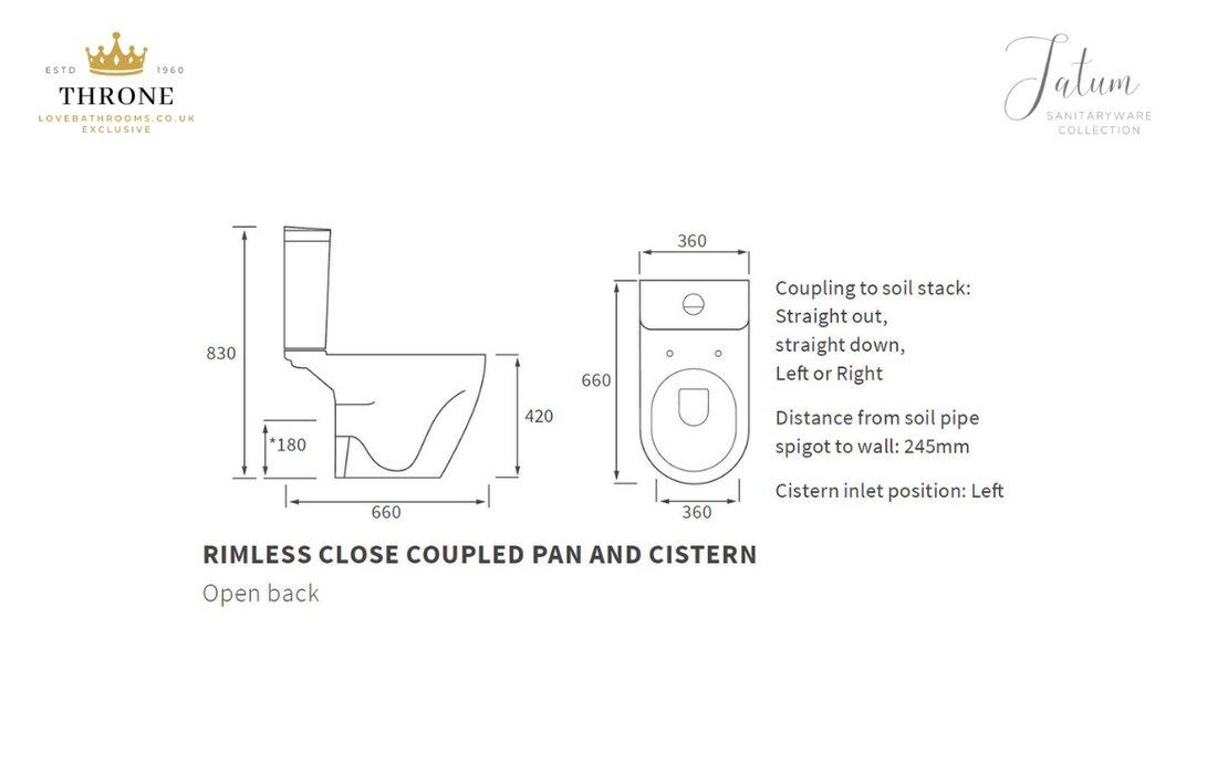 Throne - Tatum - Rimless Close Coupled Open Back WC & Soft Close Seat