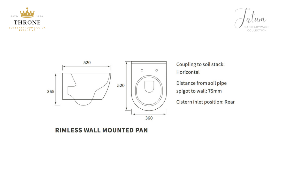 Throne - Tatum - Rimless Wall Hung WC Toilet & Soft Close Seat