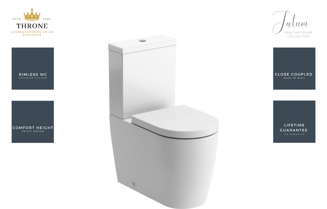 Throne - Tatum - Rimless Close Coupled Back To Wall Comfort Height WC & Soft Close Seat